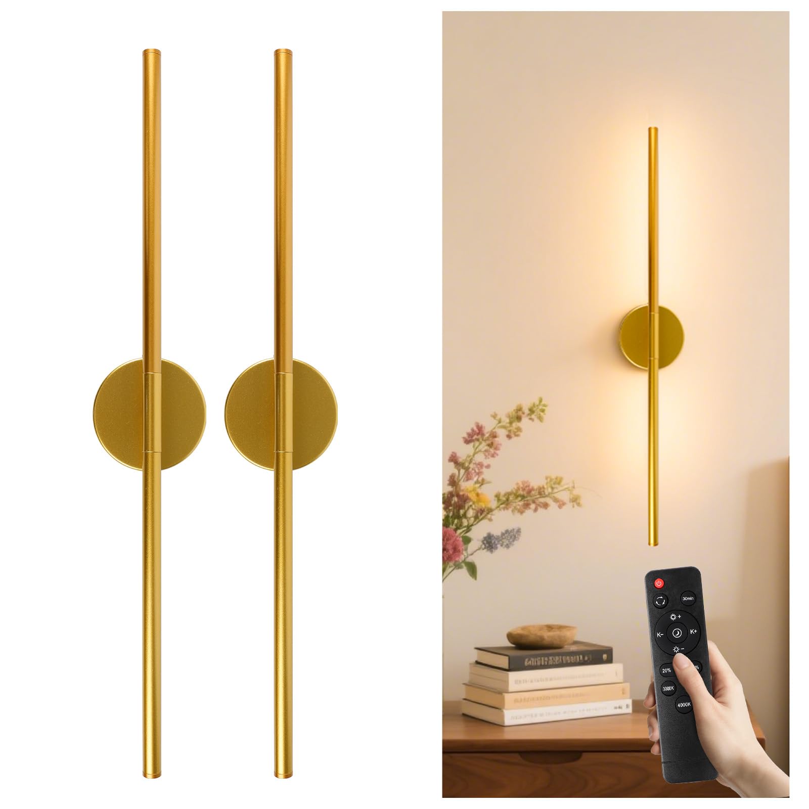 GvvooHome Battery Operated Wall Sconces Set of 2, 10000mAh Wireless Rechargeable Wall Lights Dimmable Detachable Wall Lamp with Remote Control, 3000K-