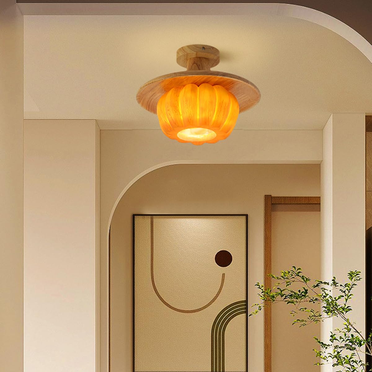 Lampa sufitowa E27 z drewna – kreatywna lampa w kształcie dyni, wykonana z żywicy, 3 temperatury barwowe (3000 K/4500 K/6000 K), żółta lampa sufitowa do przedpokoju, sypialni, restauracji i baru