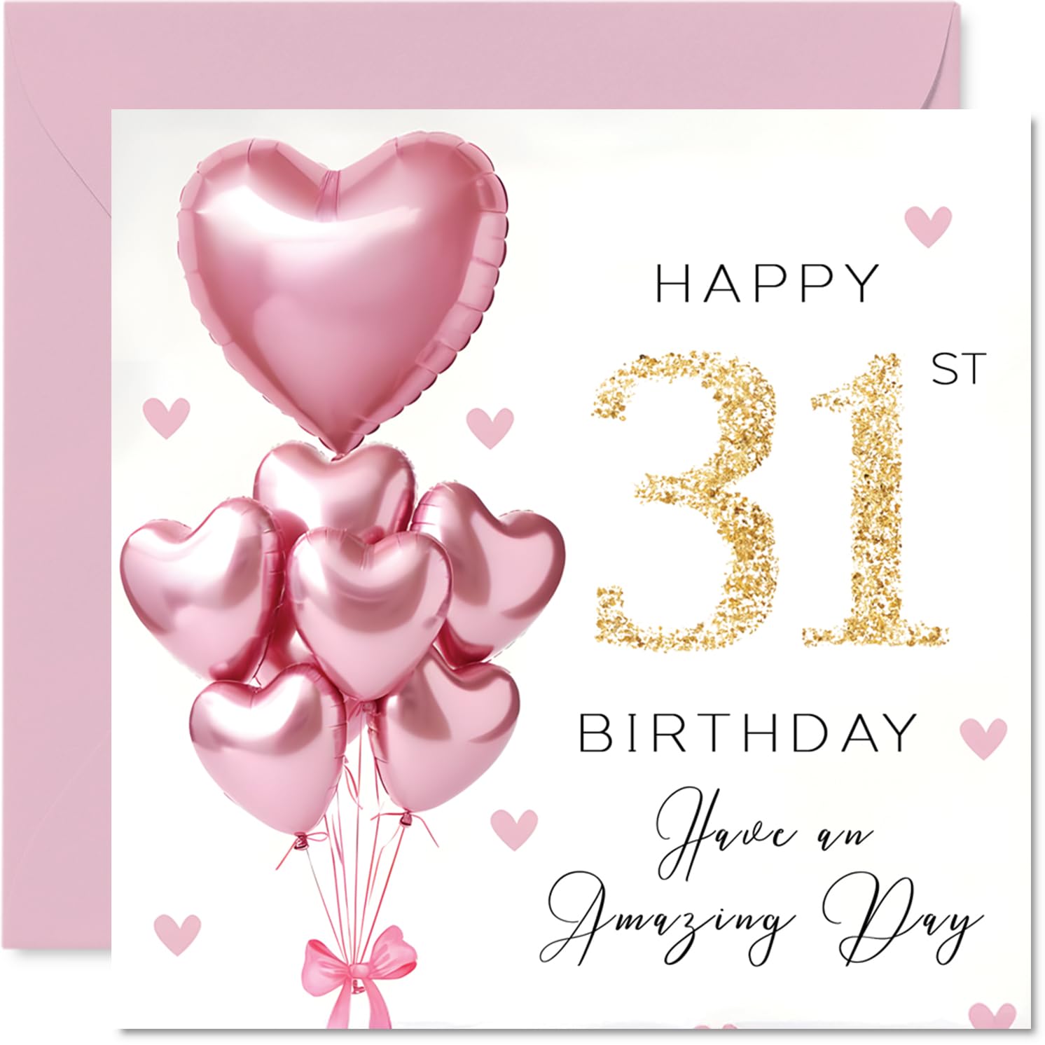 31st Birthday Cards for Women - Pink Glitter Balloons - Happy Birthday Card for 31 Year Old Woman Wife Niece Auntie Sister, 145mm Bday Greeting Cards