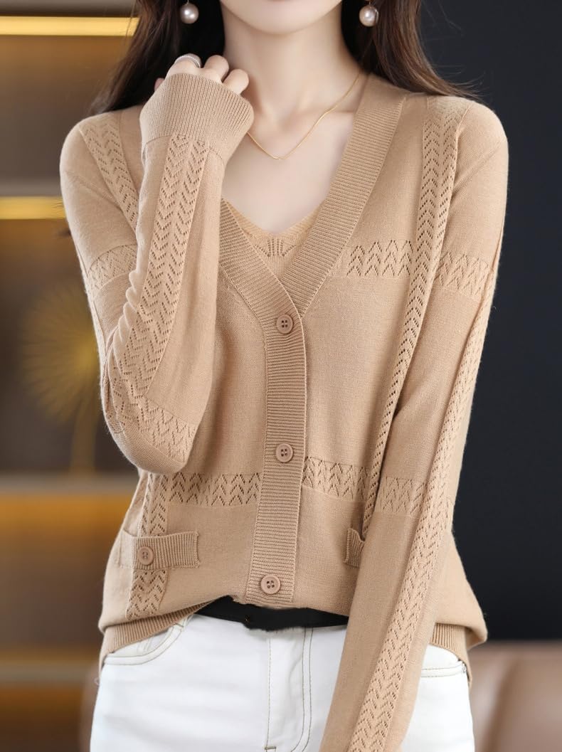 Genérico Chaqueta Punto Mujer,Suéter De Punto Fino para Mujer, Suéter Liso De Manga Larga con Botones, Suave, Elegante, con Cuello En V Hueco, Chaqueta De Punto, Corte Regular, Jersey Informal Vi