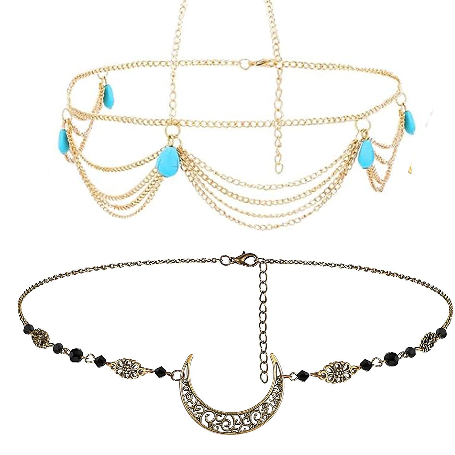 Amzuia 2 Pieces Hand Chain,Bohemian Head Chain Hollow-out Moon Pendant Crystal Headpiece Vintage Hair Chains Headband Jewelry Hair Accessories for Women and Girls