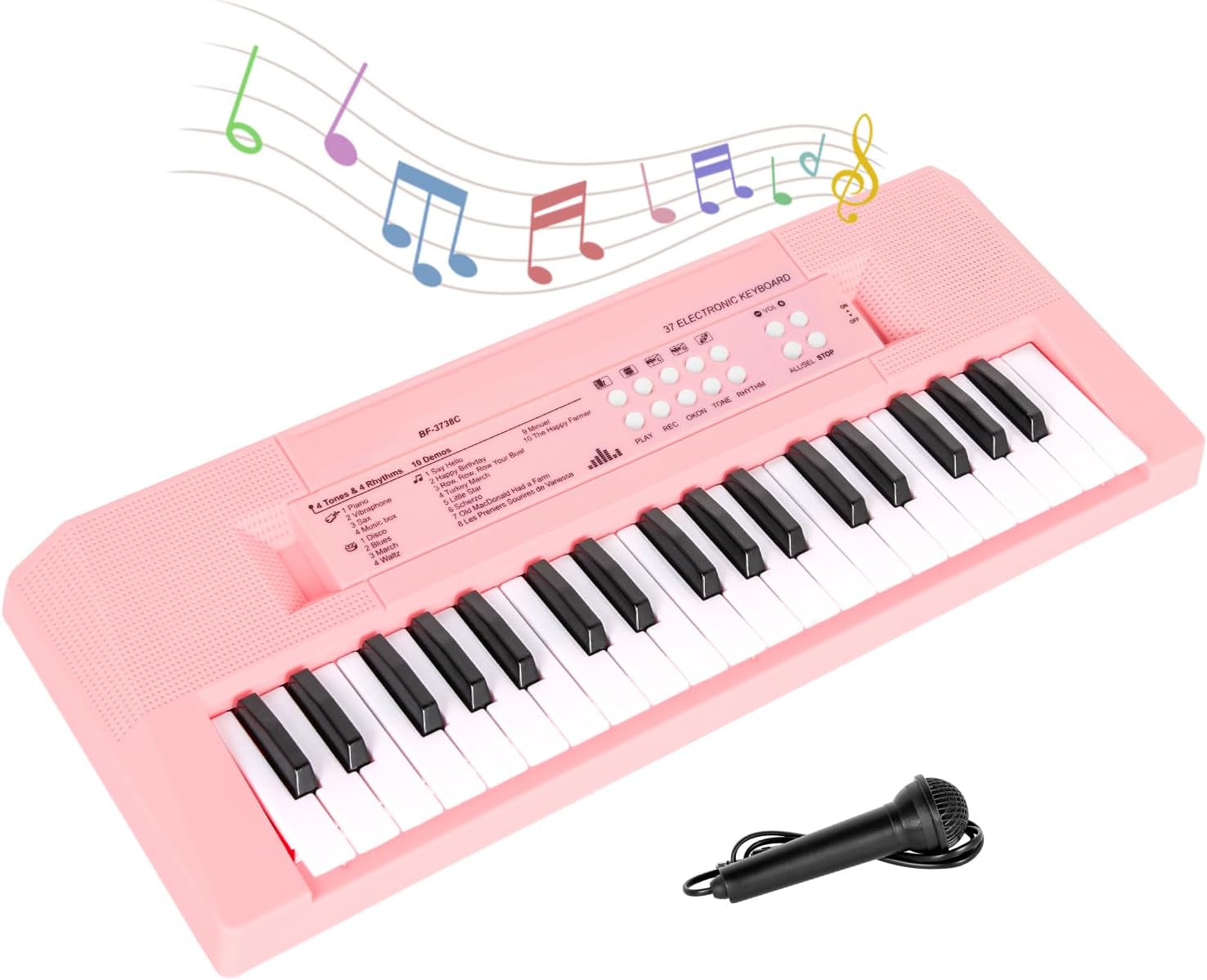 M SANMERSEN Piano Keyboard with Microphone, Portable Music Piano for Girls Electronic Keyboards Toy with 10 Demos/ 5 Drums / 4 Rhythms 37 Keys Musical Pianos Toys for Kids