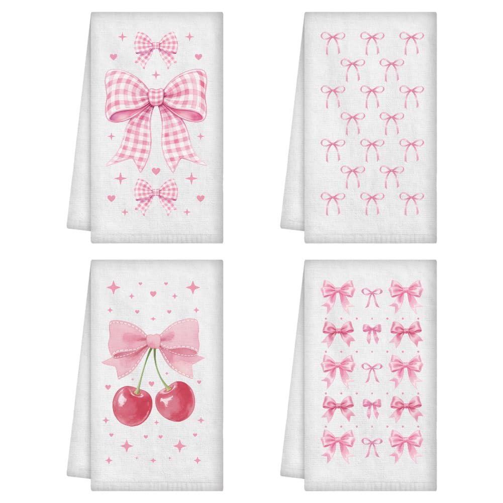 WADORN 4Pcs Cute Bow Cherry Kitchen Towels, Pink Coquette Decorative Dish Towels 24 x 16 Inch Microfiber Absorbent Soft Hand Tea Dishcloth for Cooking Baking Bathroom Holiday Housewarming Gifts