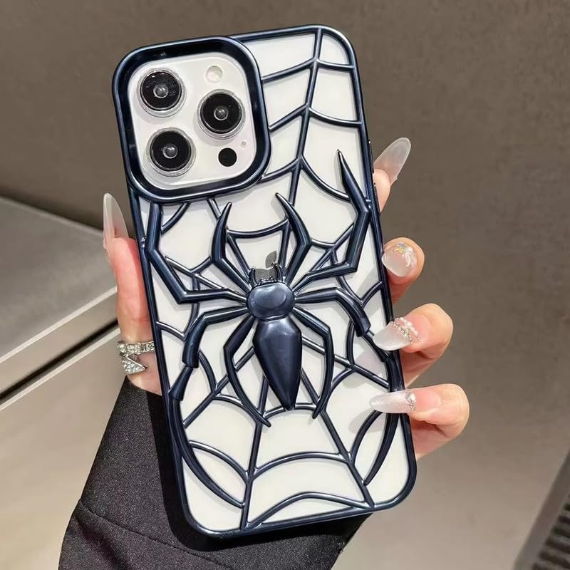 Image of COVERLY for iPhone 15 Pro Max Spidey Web Silicone 3D Cartoon Phone case,Full Protection Minimal Hollow Out Electroplated Heat Dissipation Mobile Back Cover for Apple iPhone 15 Pro Max (Navy Blue)