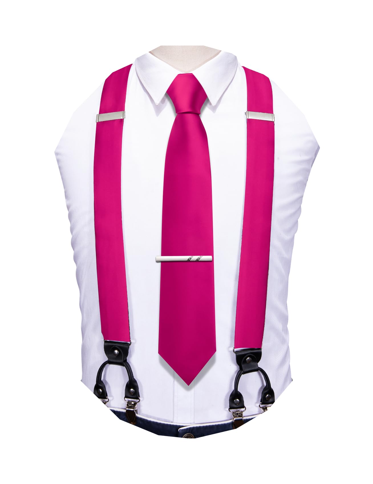Barry.Wang Men Suspender Tie Sets Elastic Heavy 6 Clips Hanky Cufflink 5PCS | Classic Suspender Set for Man Necktie Y Type Adjustable Heavy Duty 6 Clips Braces Pocket Square Cufflinks Party