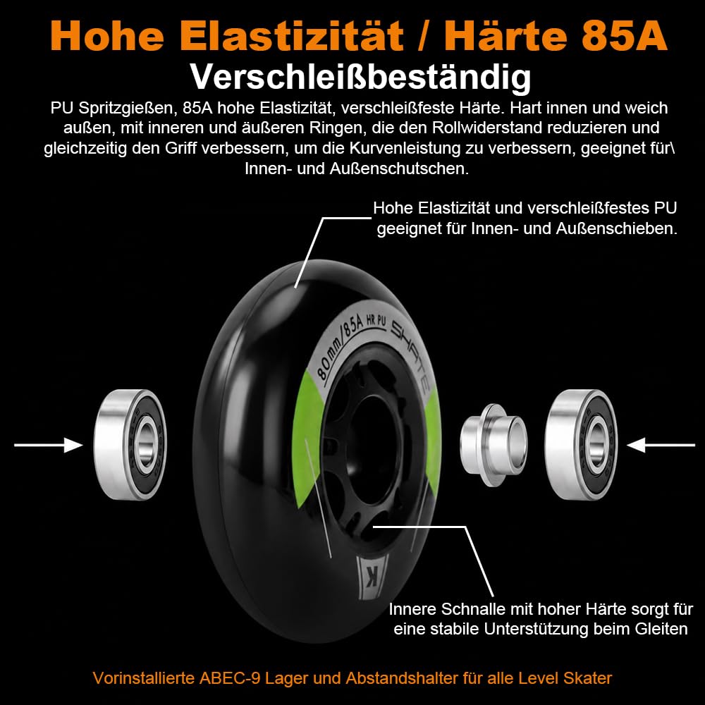 Inline Skate Rollen 80mm 76mm 72mm - 8 Stück Inline Skate Räder 85a inliner rollen mit kugellager ABEC9 | Inliner Skate Räder für K2 Hudora Gonex Apollo