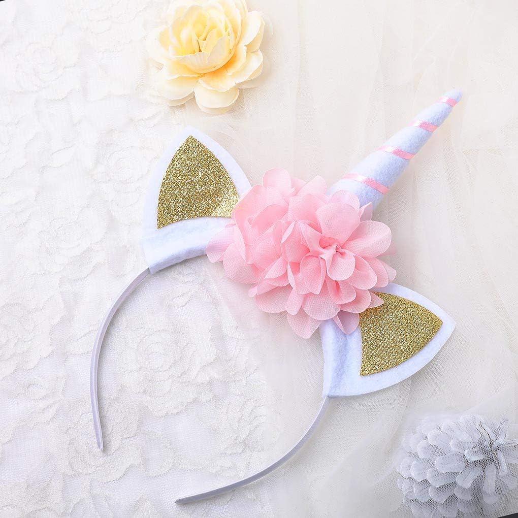 Fstrend Kids Unicorn Headband Shiny Flower Birthday Party Horn Costumefor Girls Teens Toddlers Children (Pink)