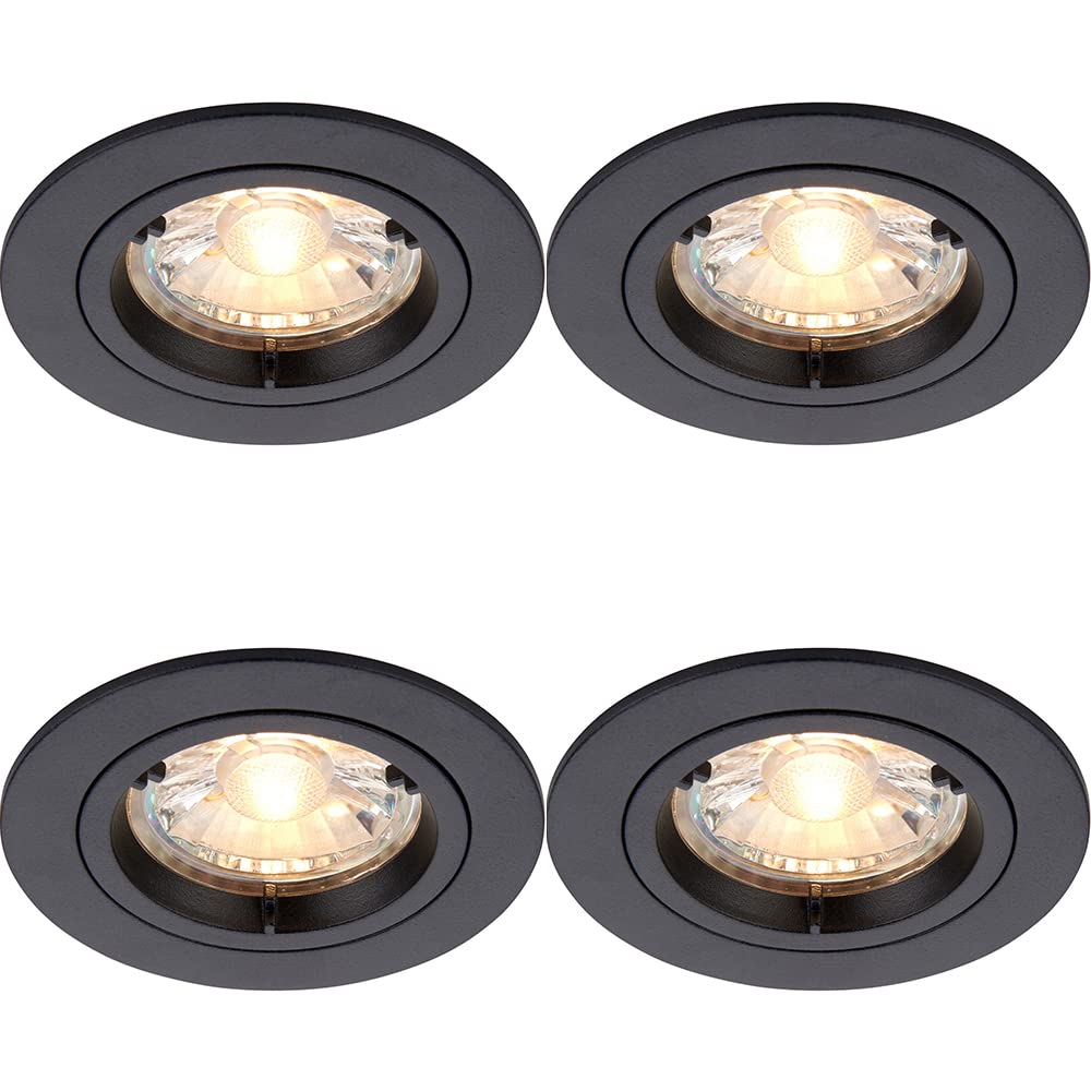 Loops Black 4 Pack Recessed Fixed Ceiling Downlight - 50W Gu10 Reflector Bulb Required- Matt Aluminium Alloy - Fits 70Mm Hole - Dimmable Ceiling Light Fitting