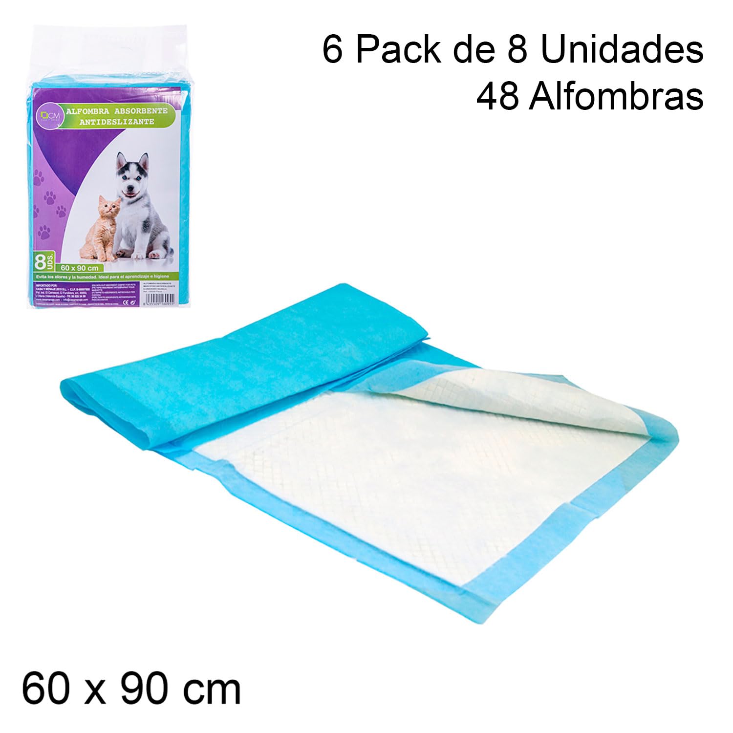 Empapadores para Perros. Pack 48 Alfombras Absorbentes, Antideslizantes para Mascotas. Empapador para Mascotas, Alfombrilla Higiénica de Entrenamiento (60x90cm 48 Uds)