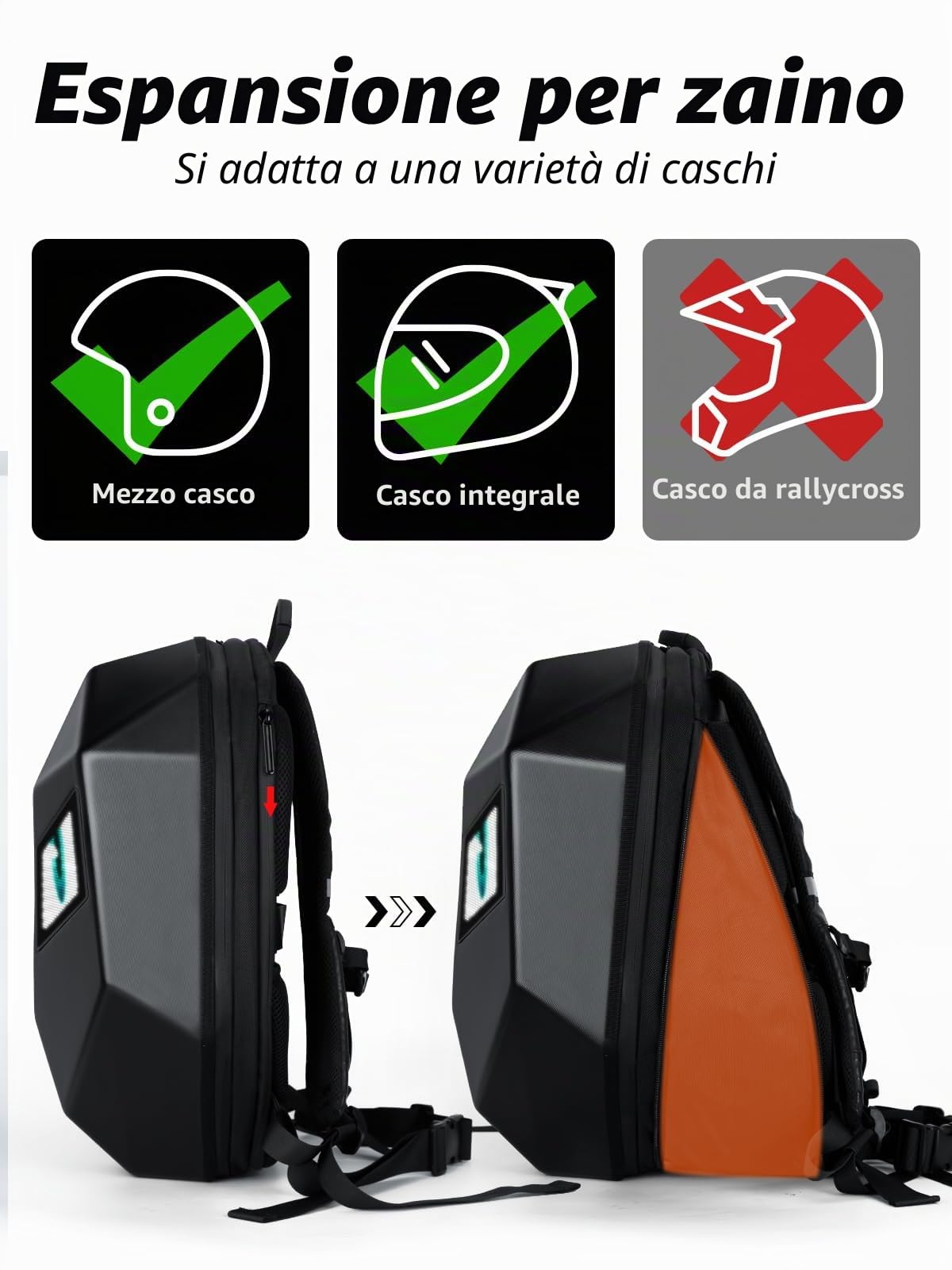 Gelrova Zaino moto LED, 3D Hard Zaino da casco per moto, casco di grande capacità, testo/immagine/GIF animata