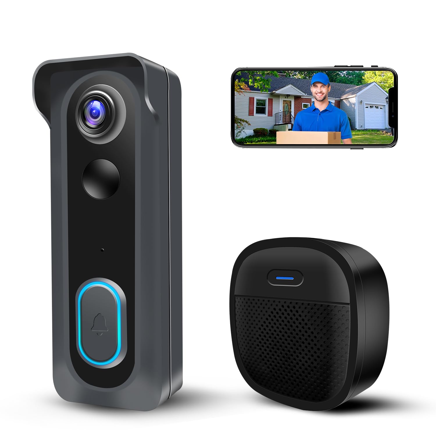 Video Doorbell Camera Wireless with Chime, 2K HD WiFi Smart Doorbell, Voice Changer, PIR Motion Detection, 2-Way Audio, Night Vision, 2.4G, IP66, Battery Powered, Works with Alexa & Google Home
