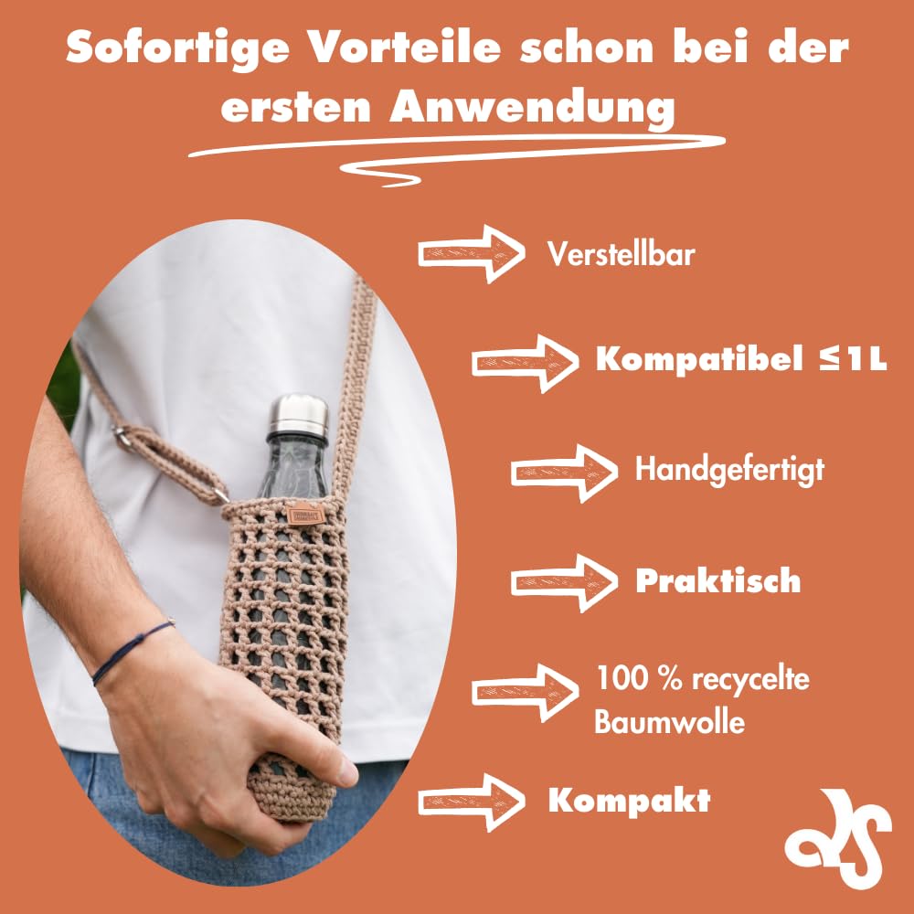 Flaschenhalter, handgefertigt, aus recycelter Baumwolle, gehäkelt, verstellbarer Schultergurt, kompatibel mit Trinkflaschen ≤ 1 l, Lifestyle, Wandern, Festival & Reisen
