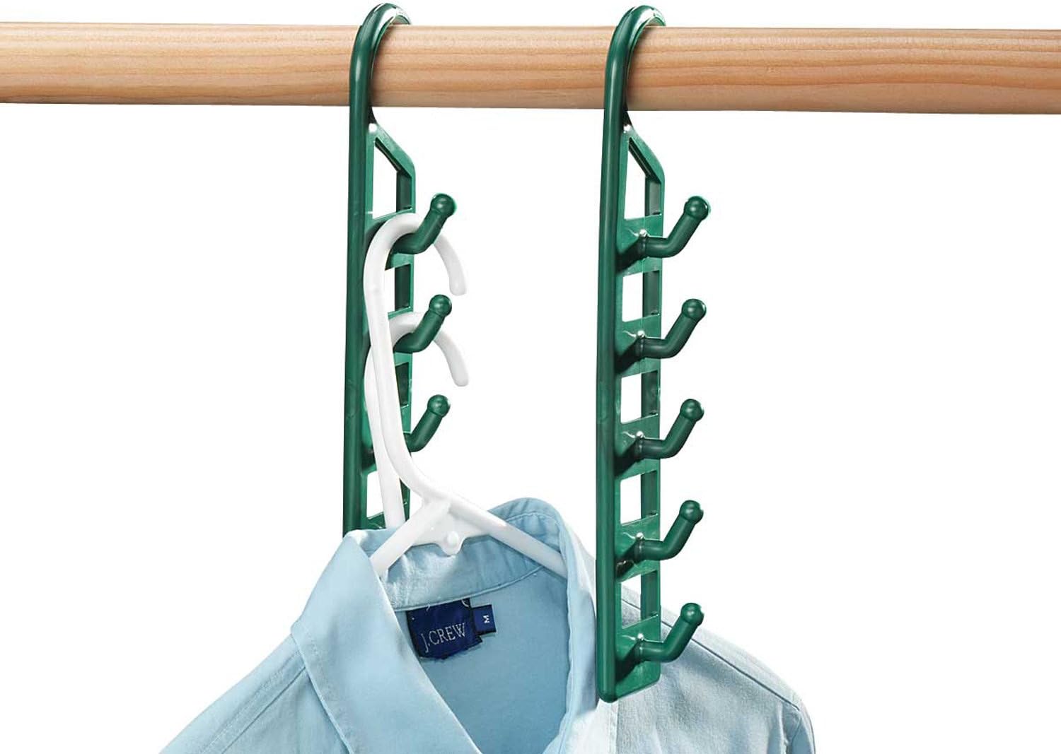 Space Saving Closet Hanger Holders – Set of 4 Durable Green Plastic Organizers with 5 Vertical Hooks Each – Maximize Wardrobe Space for Clothes, Belts, Scarves & Accessories by Miles Kimball