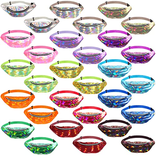30 Stück holografische Bauchtaschen für Damen, 80er 90er Jahre wasserdichte Hüfttaschen Bulk verstellbare glänzende Neon-Bauchtaschen für Outdoor-Reisen, Laufen, 15 Farben, Mehrfarbig, Packungen Cover