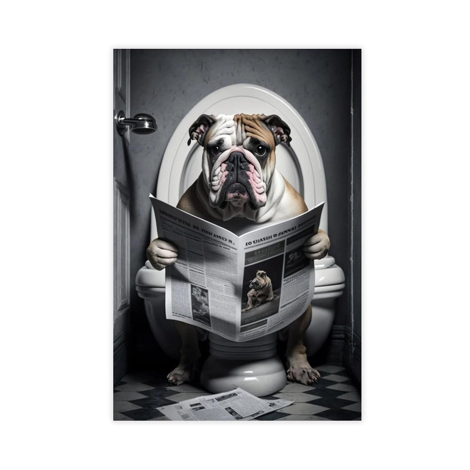 Gqvcjsw Bulldog Sitting On The Toilet Reading A Newspaper Canvas Poster Wall Art Decor Print Picture Paintings For Living Room Bedroom Decoration 20X30inch(50X75cm)
