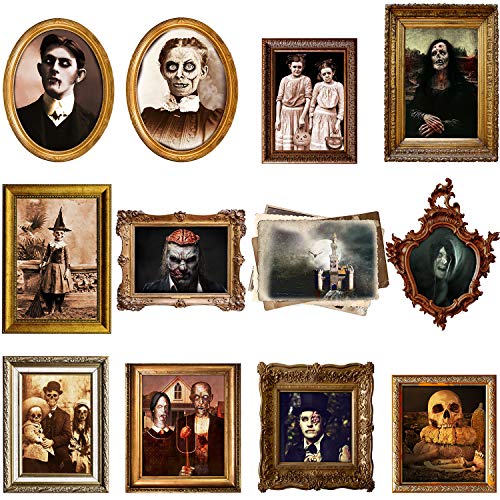 Outus 12 Pieces Haunted House Decor Halloween Haunted Pictures Decoration Gothic Mansion Portraits Horror Spooky Pictures for Halloween Wall House Decorations Supplies (Frame Not Included)