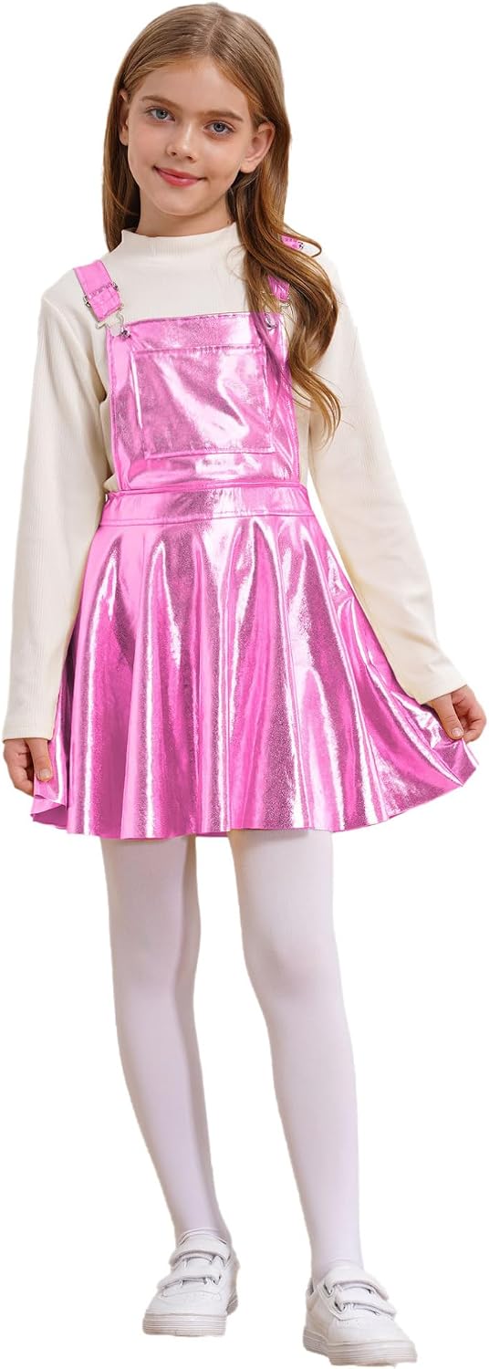 Agoky Kids Girls Shiny Overall Dress Metallic Adjustable Suspender Skater Skirt Stretchy A-Line Pleated Jumper