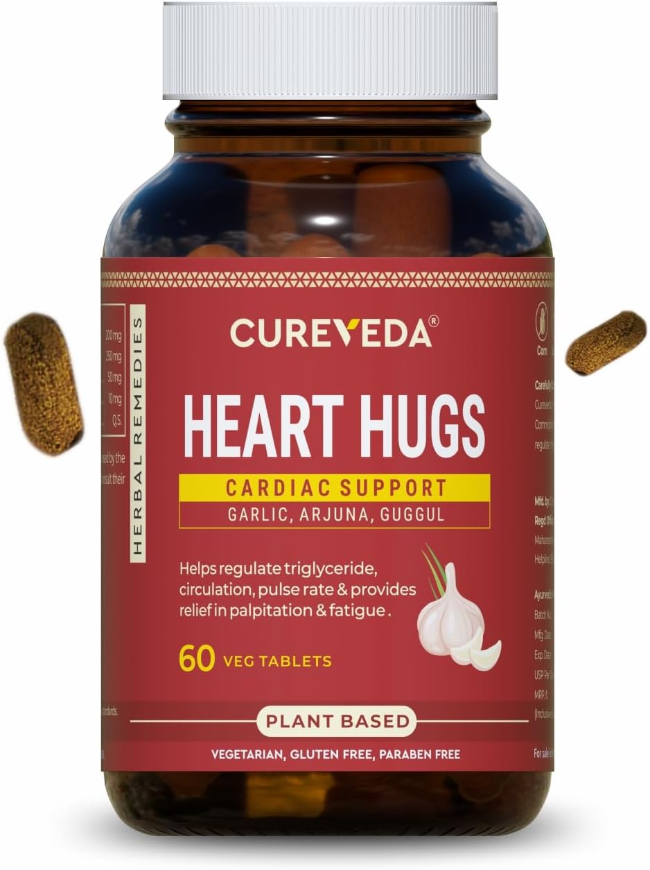 Cureveda™ Herbal Heart Hugs - For Healthy Heart Cardiac Wellness Cholesterol control - 60 Tablets