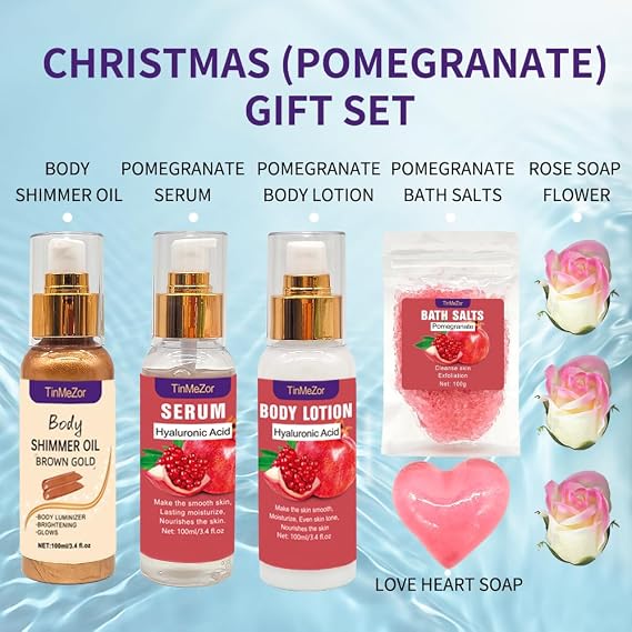 Pomegranate Skin Care Set,Skincare Gift Set With Body Shimmer Oil,Serum,Body Lotion,Sea Salt,Soap Flower- Christmas Set For Women,Bath Gift Set for Women,Bath And Body Gift Set