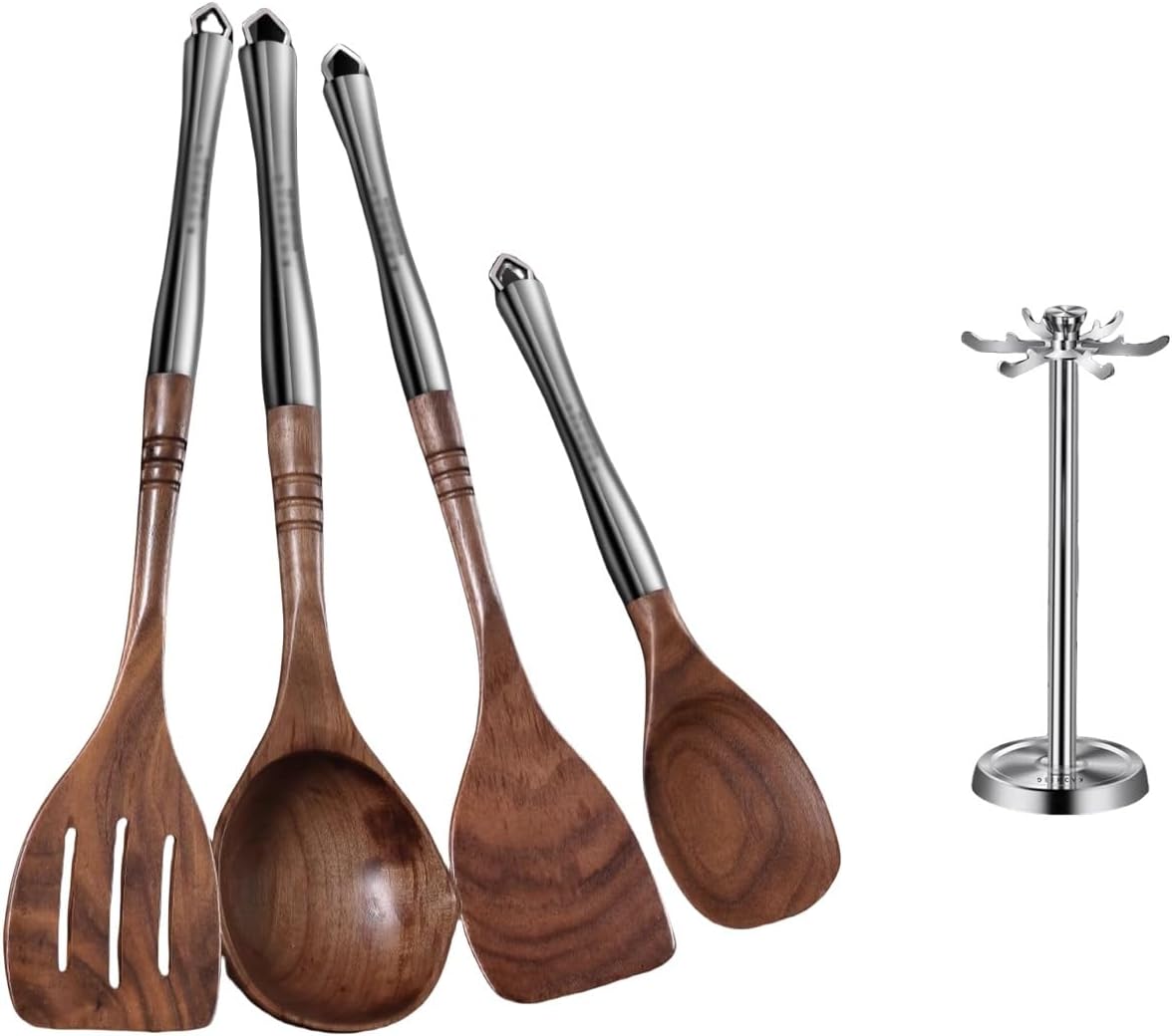 5 Pcs Wood Cooking Utensil Set with Rotating Storage Stand – Wooden Spoons for Cooking, Wooden Kitchen Utensils for Nonstick Pans & Cookware – Sturdy, Lightweig