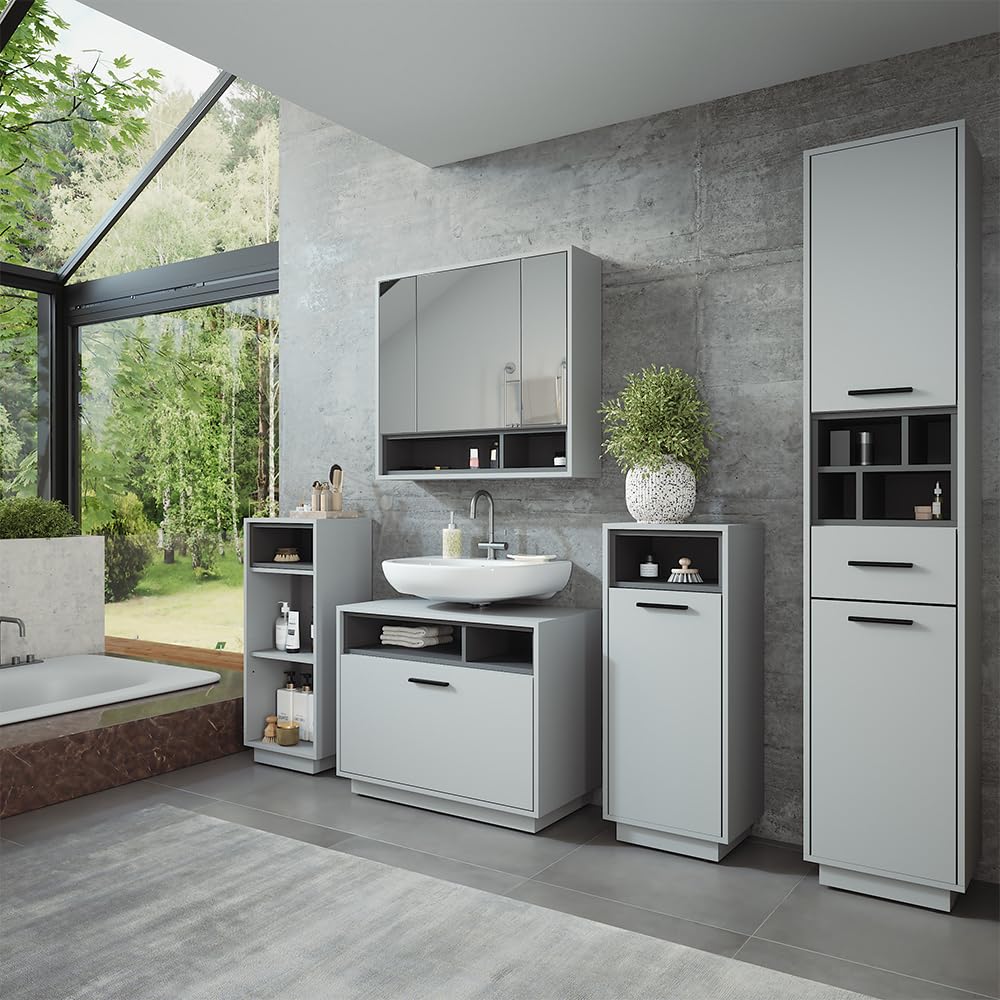 Vicco Badmöbel-Set Beatrice, Grau/Anthrazit, 80 cm, besteht aus Waschbeckenunterschrank, Spiegelschrank und Hochschrank