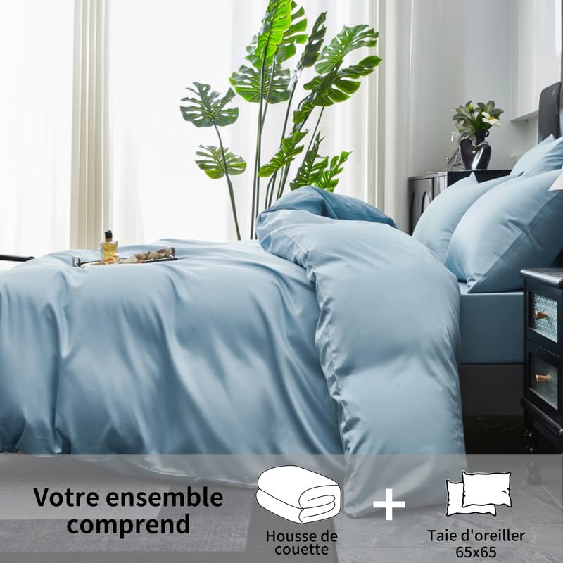 Gezu - Funda nórdica de 200 x 200 cm, satén de algodón, 100 % algodón, seda sedosa, brillante, juego de cama de algodón de fibra larga, ropa de cama con cremallera y 2 fundas de almohada de 65 x 65 cm