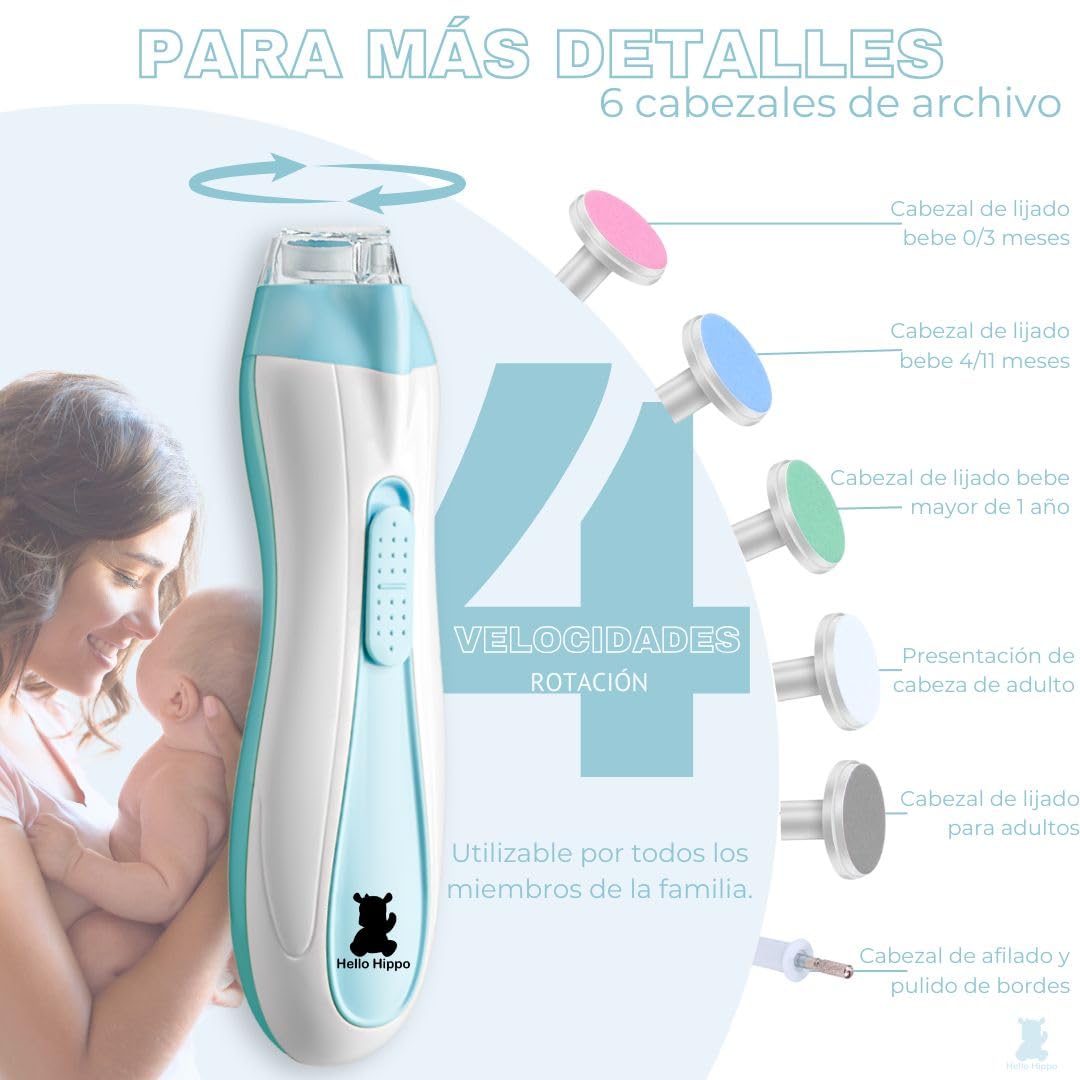 Hello Hippo - Lima de Uñas Eléctrica para Bebé Recién Nacido | Seguridad y Precisión con Luz LED | 4 Velocidades & 6 Cabezas | Kit de Higiene para Bebés Práctico