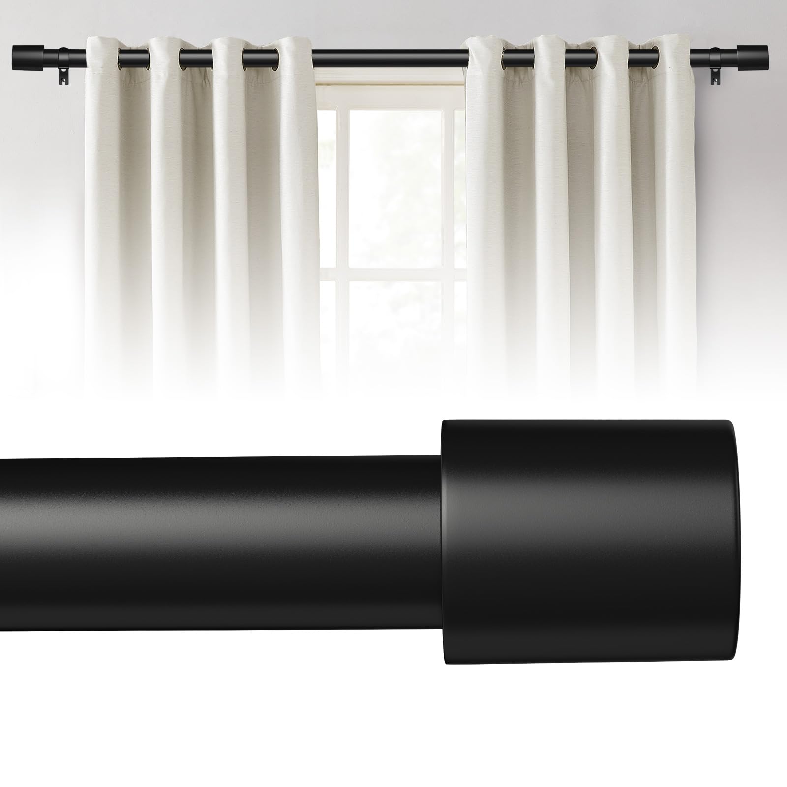 Curtain Rods for Windows 32 to 144 Inches, 1 Inch Diameter Adjustable Black Curtain Rod, Heavy Duty Modern curtain rod with Aluminium Finials, 32