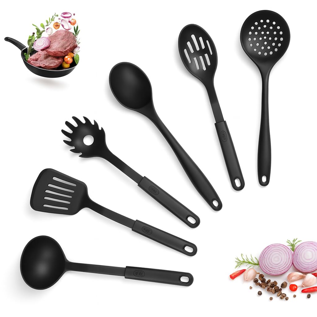 Moon3X® Nylon Kitchen Utensil Set for Cooking 6Pcs Non-Stick Black 30cm Cooking Utensils, Spatulas, Soup ladle, Slotted Spatula, Slotted Spoon, Serving Spoon, Spaghetti Server