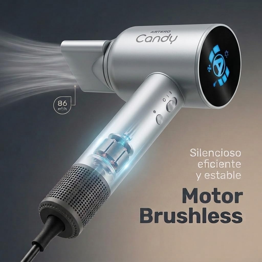 ARTERO Candy Secador Profesional para Peluquería y Barbería — Motor Brushless BLDC 1600W Silencioso, Ultraligero 380g, Compacto, Ergonómico, Boquilla Magnética (Gris)