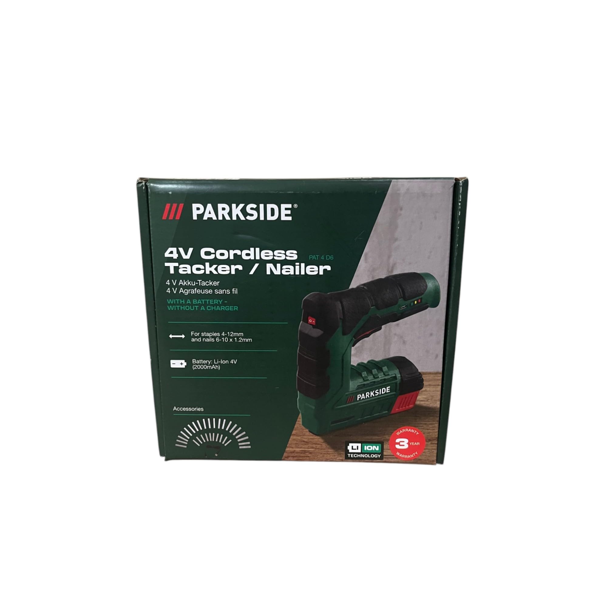 Parkside - Spillatrice elettrica PAT 4 B2 con batteria agli ioni di litio, 4 V (1300 mAh), con 1000 graffette
