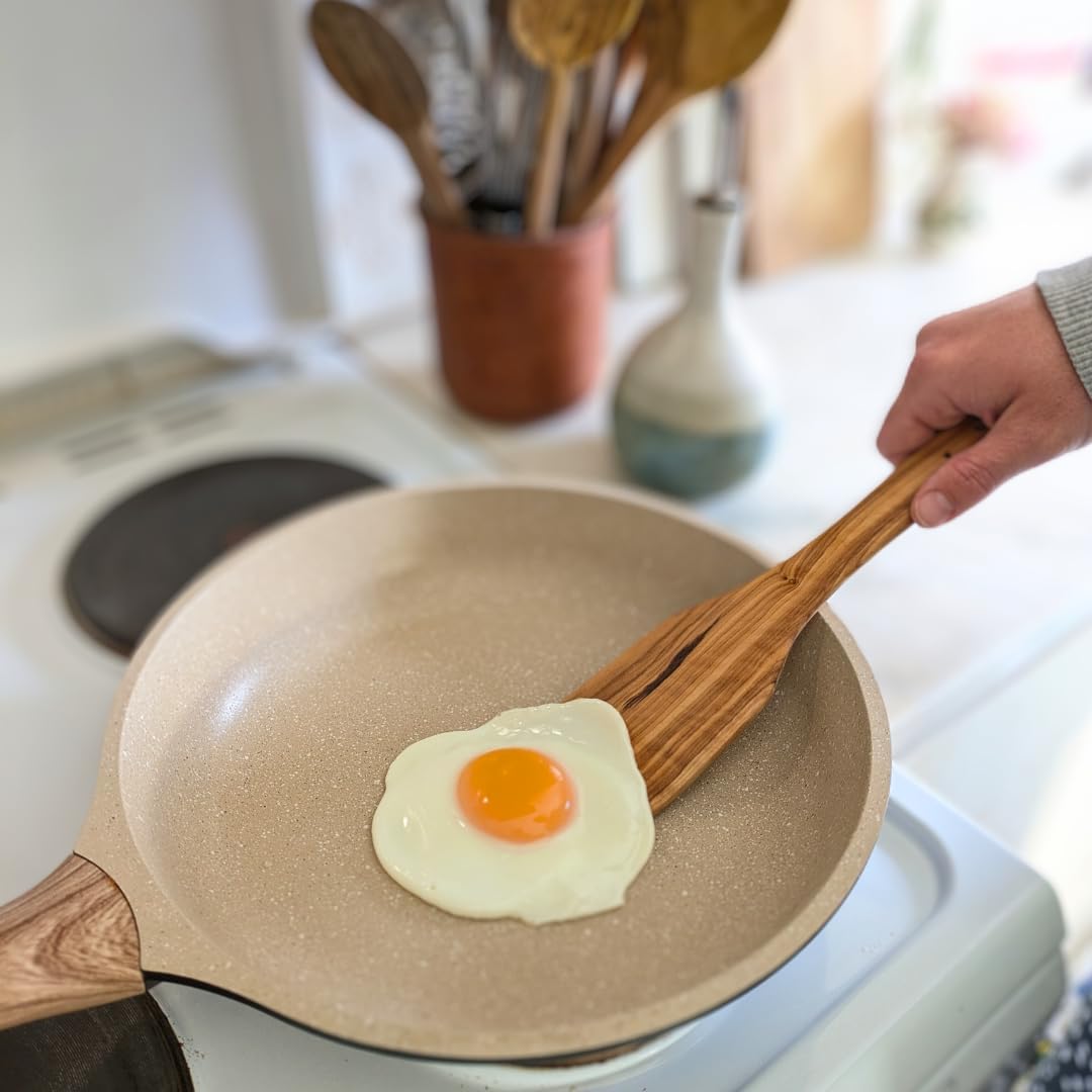 LESVOS WOODCRAFT Olive Wood Spatula - Wooden Spatula for Cooking with Built-In Herb Stripper, Non Toxic Wooden Cooking Utensils, Handmade Artisan Kitchen Tool, Sustainably Sourced, Recipes Included