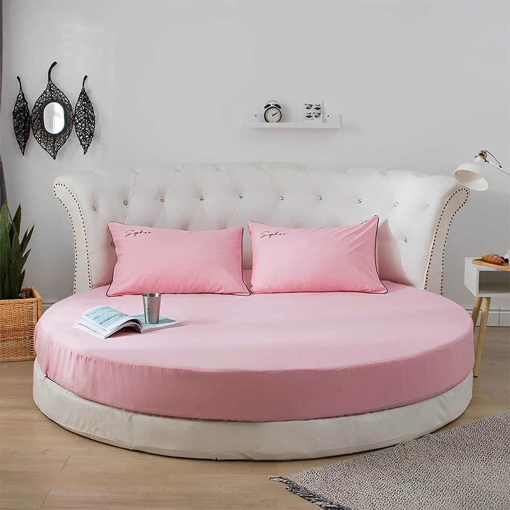 Highdi Rund Spannbettlaken Baumwolle Weiches Atmungsaktiver Mikrofaser Bettlaken, Matratzenschoner Tiefe Tasche für bis 25cm Matraze (250cm,Helles Rosa 1)