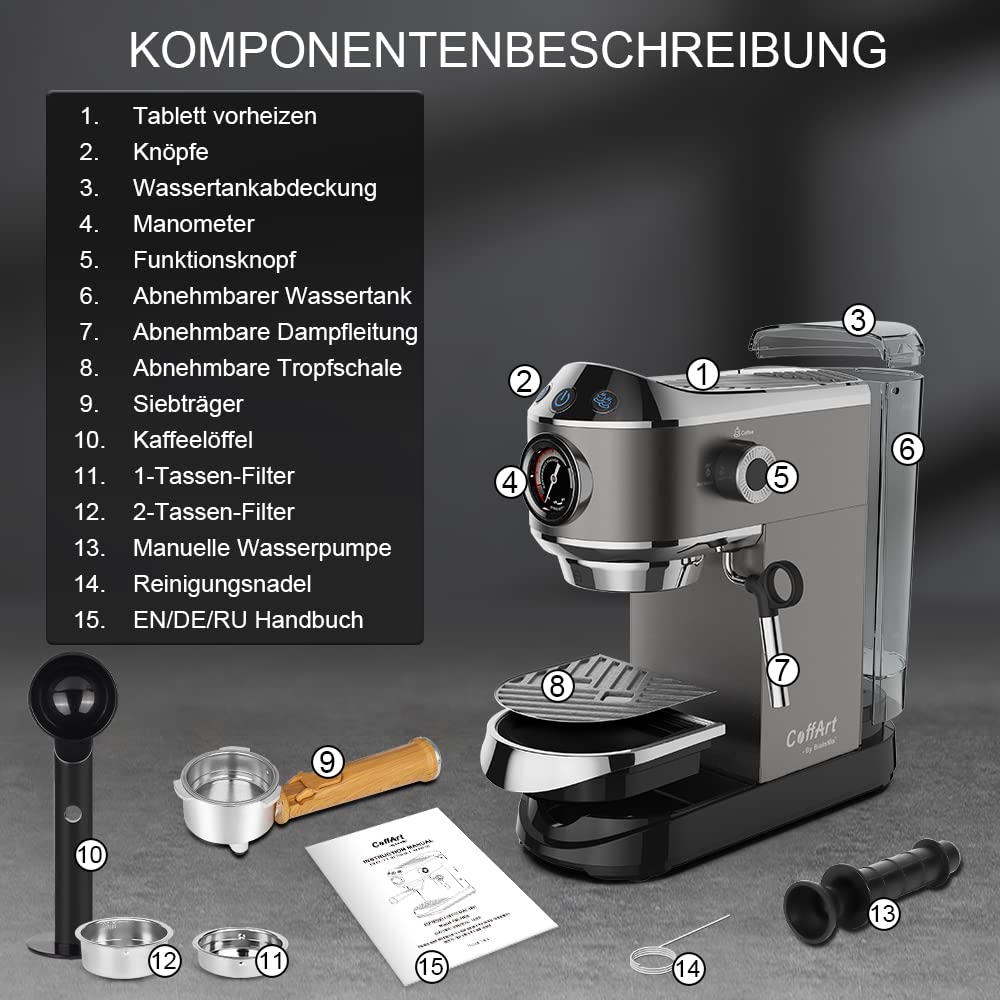 Biolomix Espressomaschine Siebträgermaschine 20 Bar,Filterhalter mit Doppelauslauf,Milchaufschäumdüse,abnehmbarer Wassertank, für 1-2 Tassen,Espresso,Cappuccino und Latte Machiato (CM7008-EU)