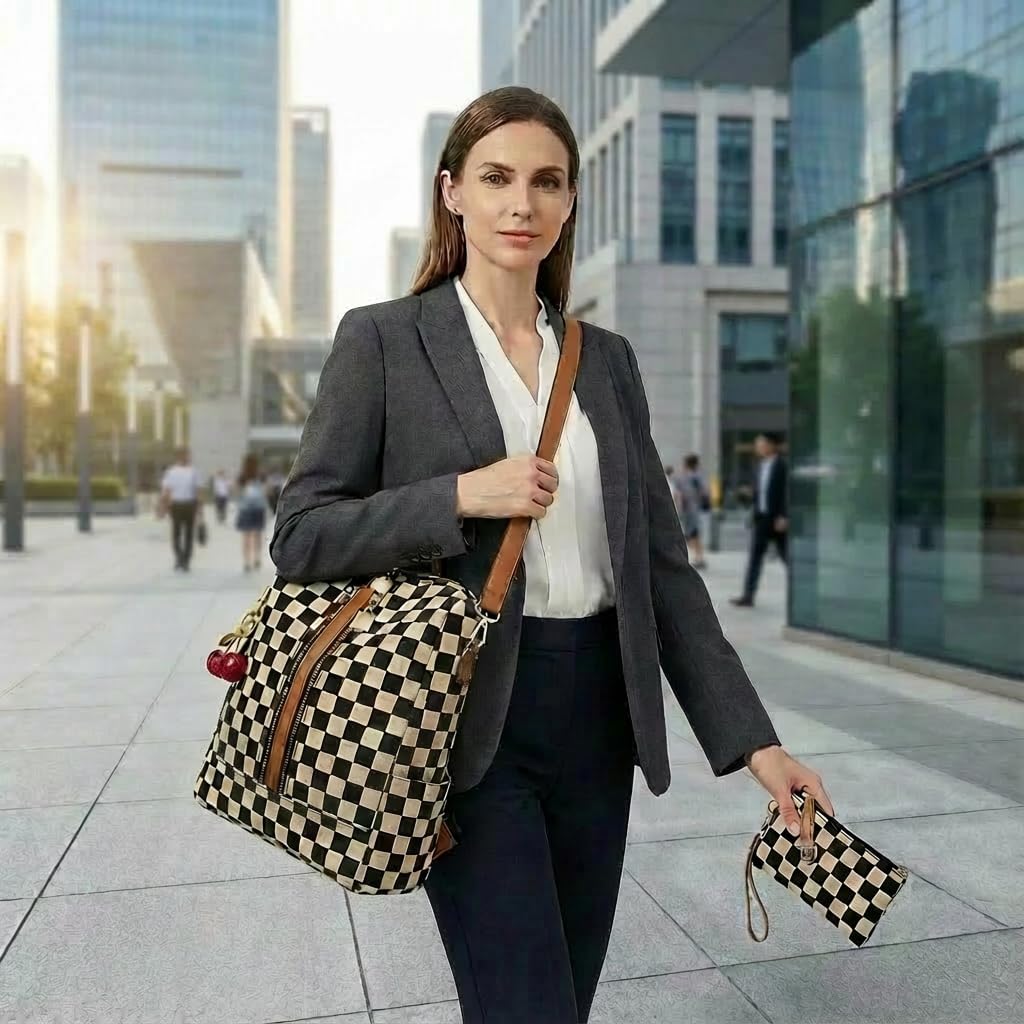 Lushandy Checkered Backpack Purse for Women, Brown Canvas Backpack Purse with Wallet Cherry Mom Everyday Backpacks for Work - Image 6