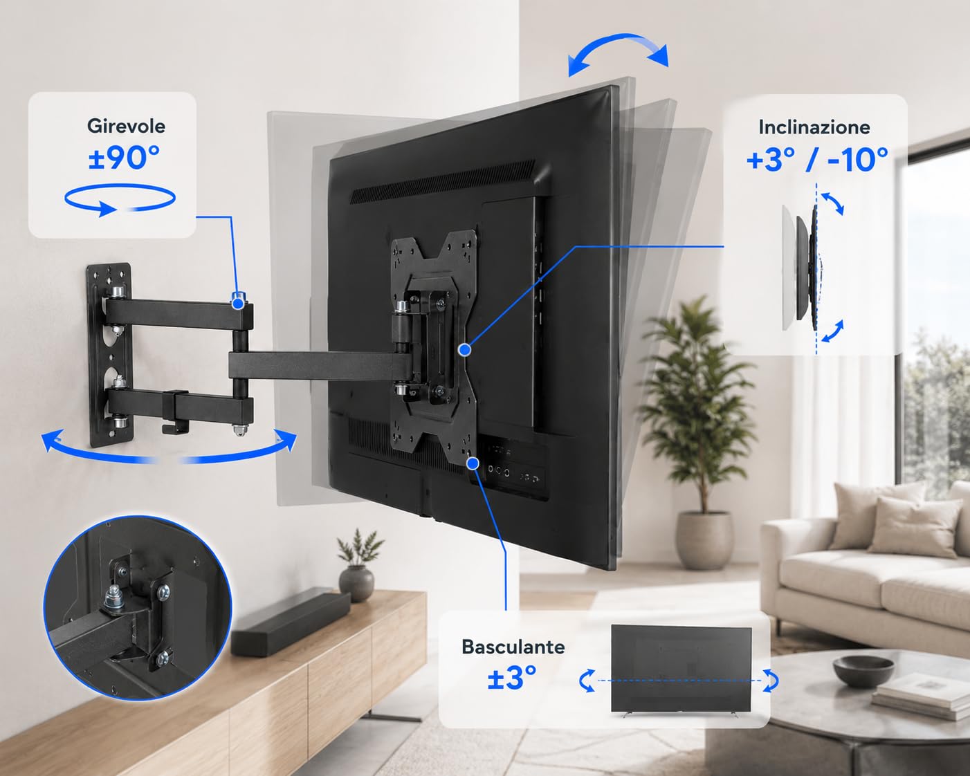 Supporto TV Parete 32-55 Pollici, Staffa TV Girevole ±90° e Inclinabile +3°/-10°, Braccio Estensibile 56-378 mm, VESA 100x100/200x100/200x200, Portata 30 kg, Nero