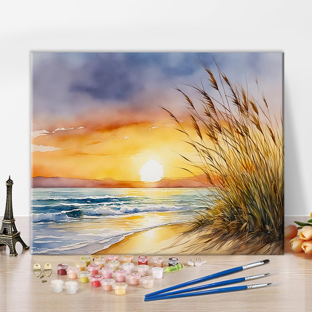 TISHIRONSunset Paint by Numbers for Adults Sand and Beautiful Sunset Sky DIY Adult Paint by Number Kits on Canvas Beach and Grass Painting by Numbers Oil Painting Art Crafts 16x20 in