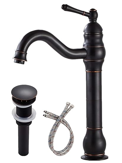 Gecious Oil Rubbed Bronze Bathroom Vessel Sink Faucet Commercial Single Handle One Hole Deck Mount Mixer Tap Matching Pop Up Drain With Overflow Bowl Tap Mixer