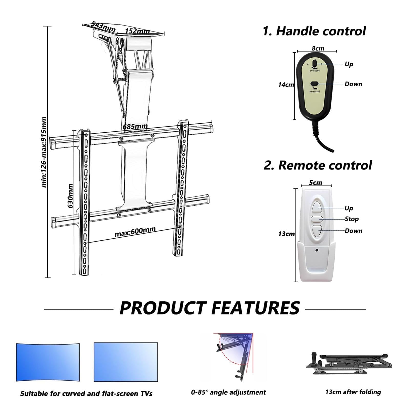 Supporto TV Elettrico da Soffitto - Supporto TV Motorizzato, Supporto TV da Parete, con Telecomando, Supporto TV Ribaltabile Nascosto, Supporto da Soffitto Pieghevole Retrattile(50-75 inch TV)