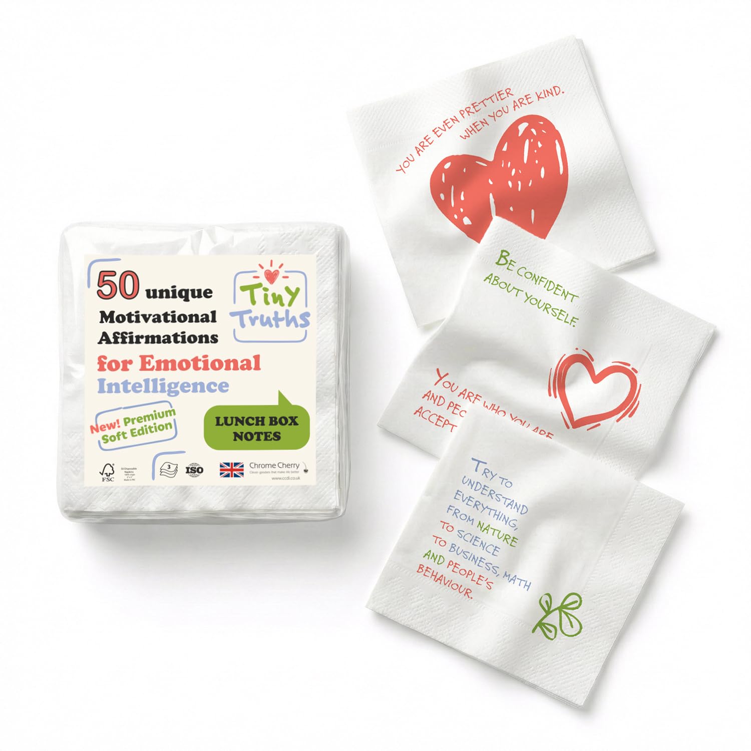 Tiny Truths Lunch Notes dla dzieci – 50 motywacyjnych afirmacji dla inteligencji emocjonalnej na 3-warstwowych delikatnych serwetkach papierowych do pudełek na lunch i szkoły (miękkie premium)