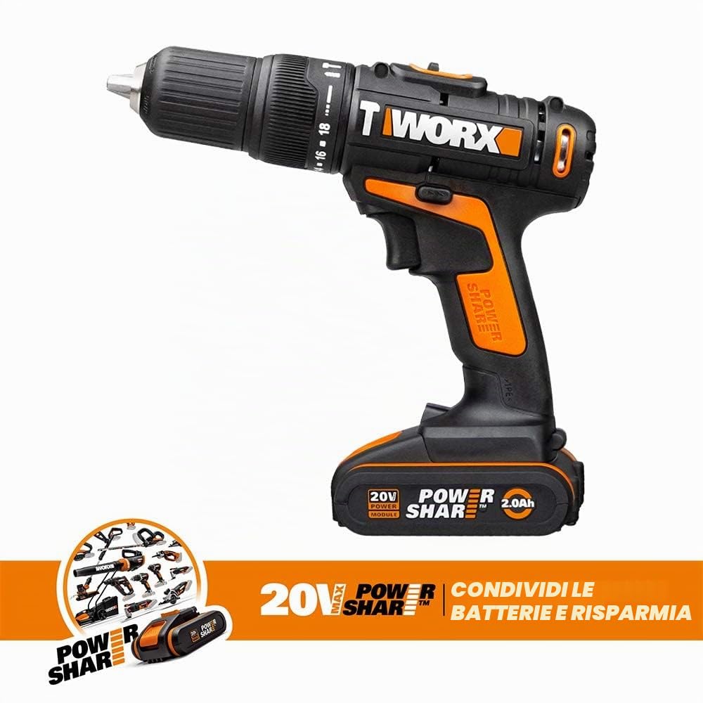 Trapano a Percussione 18V (20V MAX), WORX Avvitatore a Percussione 40Nm a 1 Batteria, Velocità Variabile fino a 1500rpm, Regolazione Coppia 18+1+1, 13mm Mandrino, Luce LED, WX371