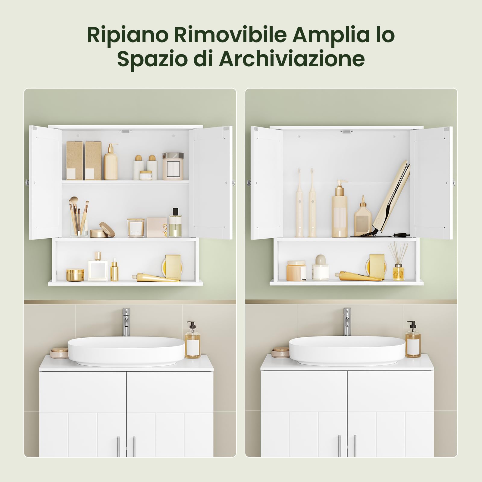EUGAD Mobiletto Pensile da Bagno con Specchio Salvaspazio Armadietto da Lavabo con Due Porte 56 * 13.5 * 58.5cm Bianco