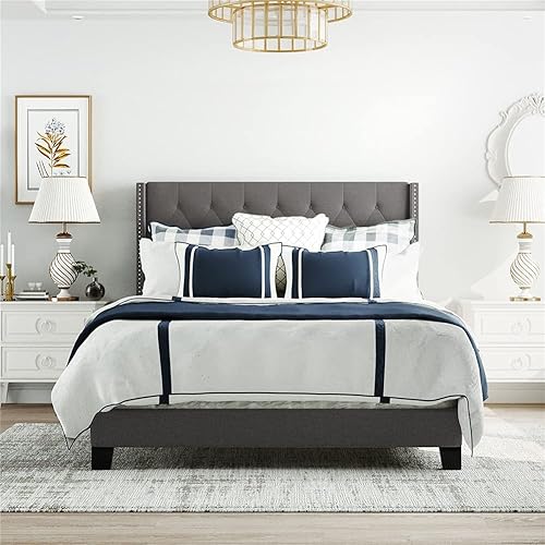 Miniatura 11 de Elegante cama tapizada de madera con plataforma tapizada de madera, tamaño Queen, marco de cama con cabecera tapizada de tela de lino con botones