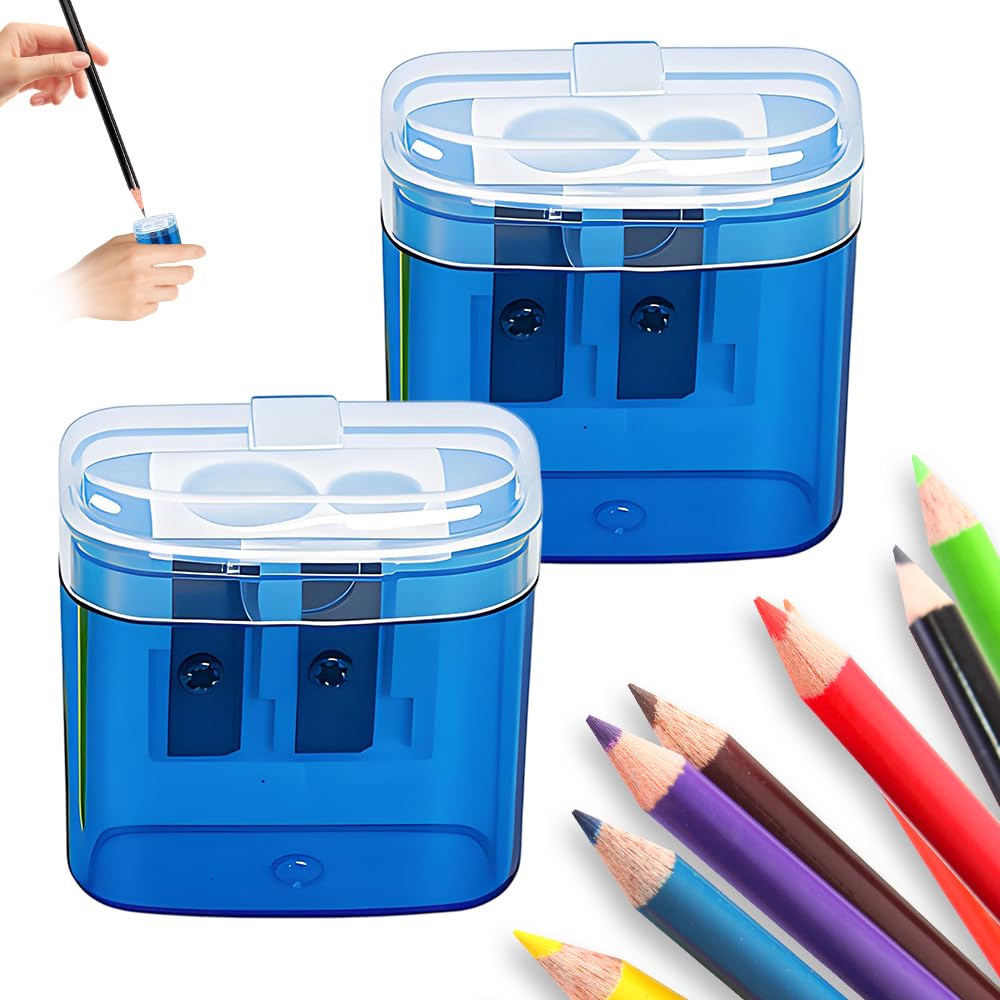 Pencil Sharpeners with Lid, Dual Holes Handheld Pencil Sharpener Manual for Standard and Jumbo Pencils, Compact Cute Sharpener for Kids Adults Students School Home Office (Blue*2)