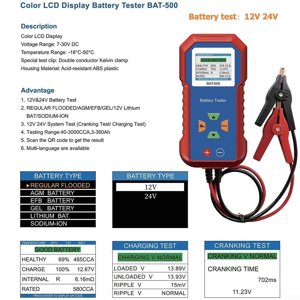 Testeur Auto 12V/24V Écran Couleur pour cca Testeur Auto 12V/24V