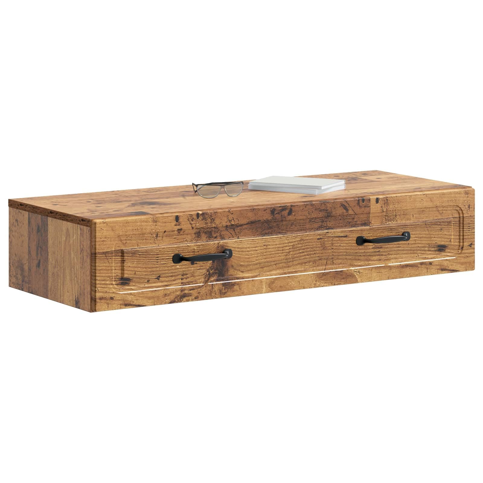 Tavolino da parete effetto legno anticato, console sospesa 87,5 x 34,5 x 17 cm, moderno tavolo da parete in legno con cassetto e scomparto per corridoio, soggiorno e ufficio domestico