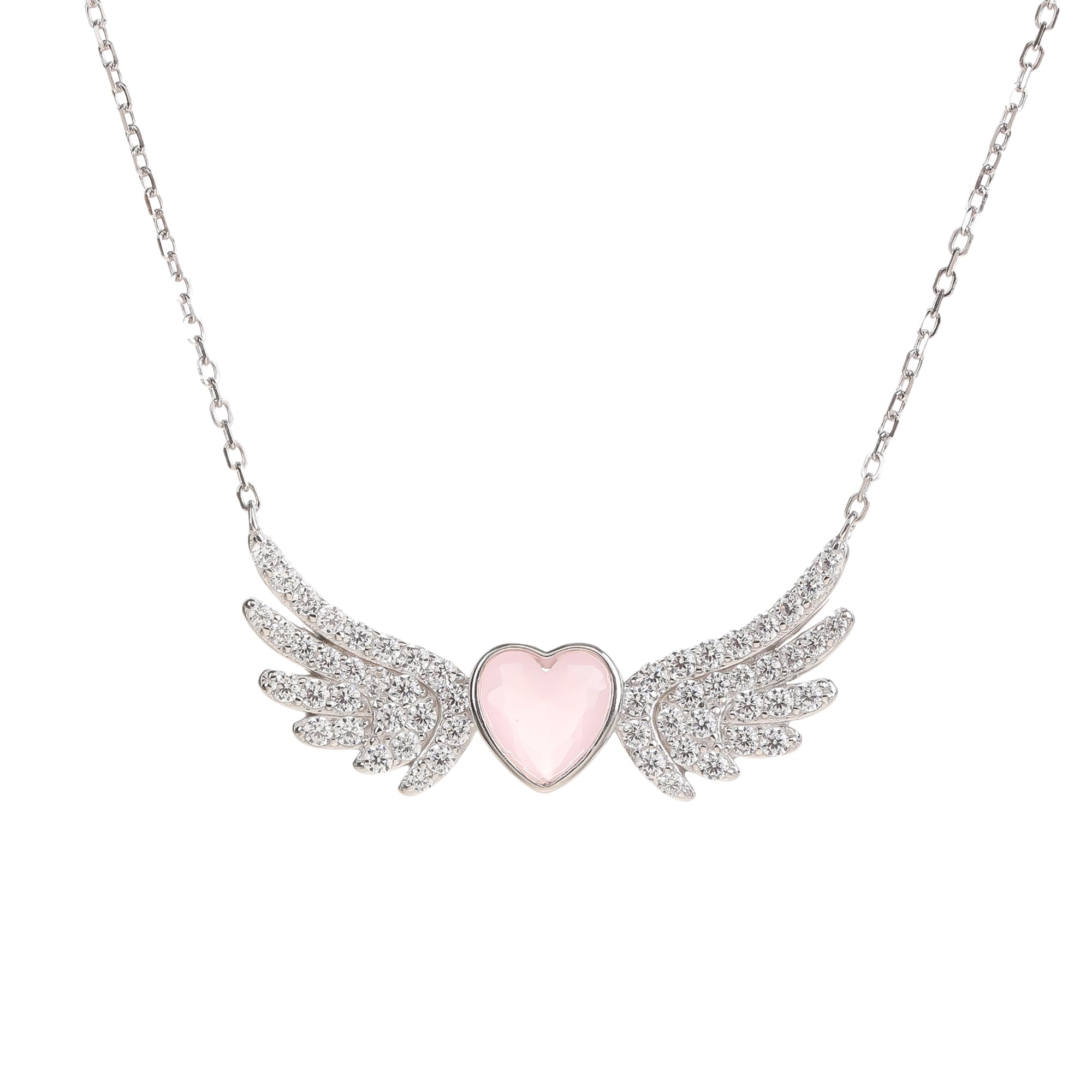 Angel Wings Necklace with Rose Quartz & Zirconia, 925 Sterling Silver Pendant for Women, Guardian Angel Jewelry Gift, Winged Design with Gemstone, Elegant Necklace for Girls & Ladies