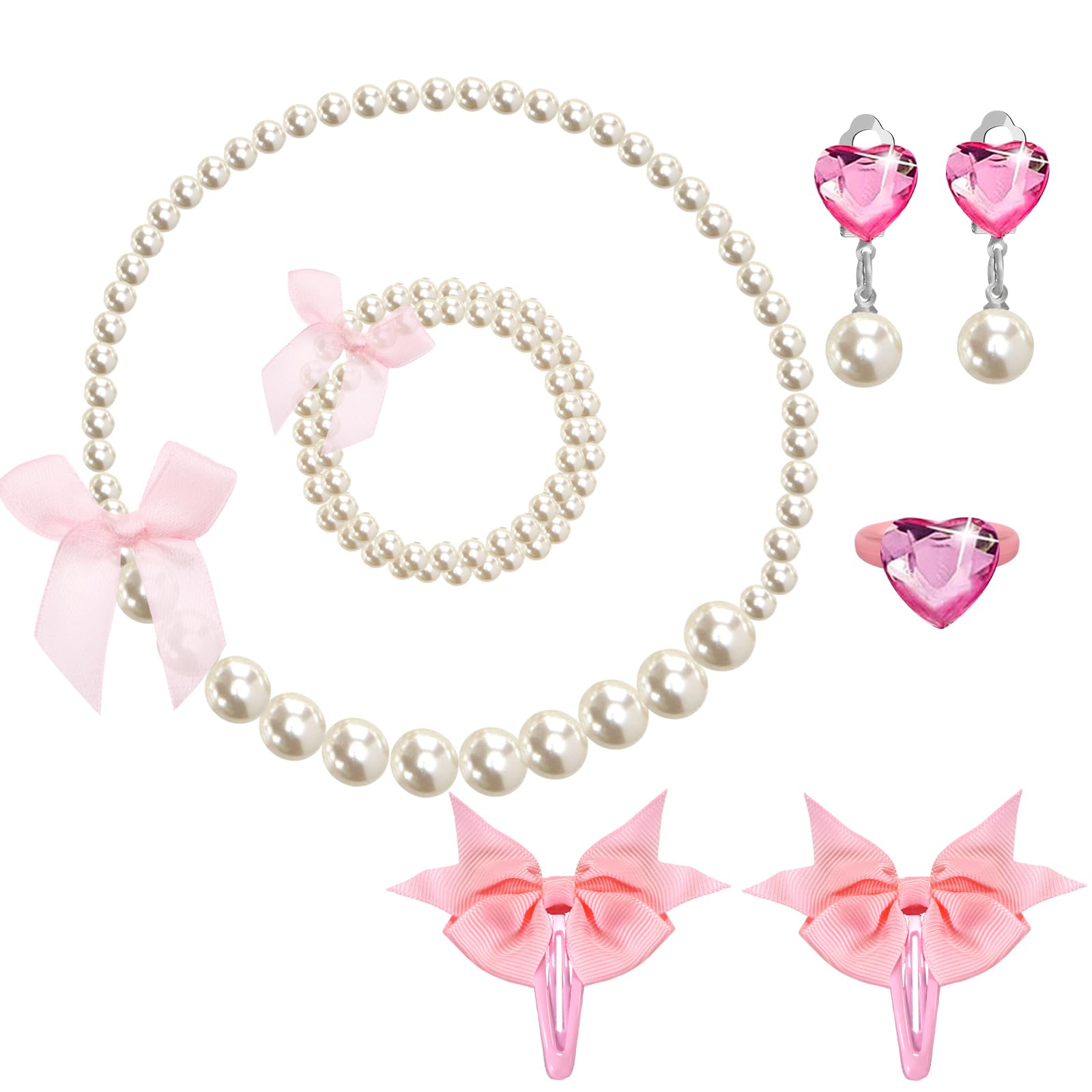 Klorify Handmade Pearl Kids Jewelry Set for Little Girls Toddler - Unique Clip On Earrings and Stretch Necklace Bracelets - Adjustable Heart Rings - Pink Bow Hair Clips - Cute Dress Up Birthday Gifts