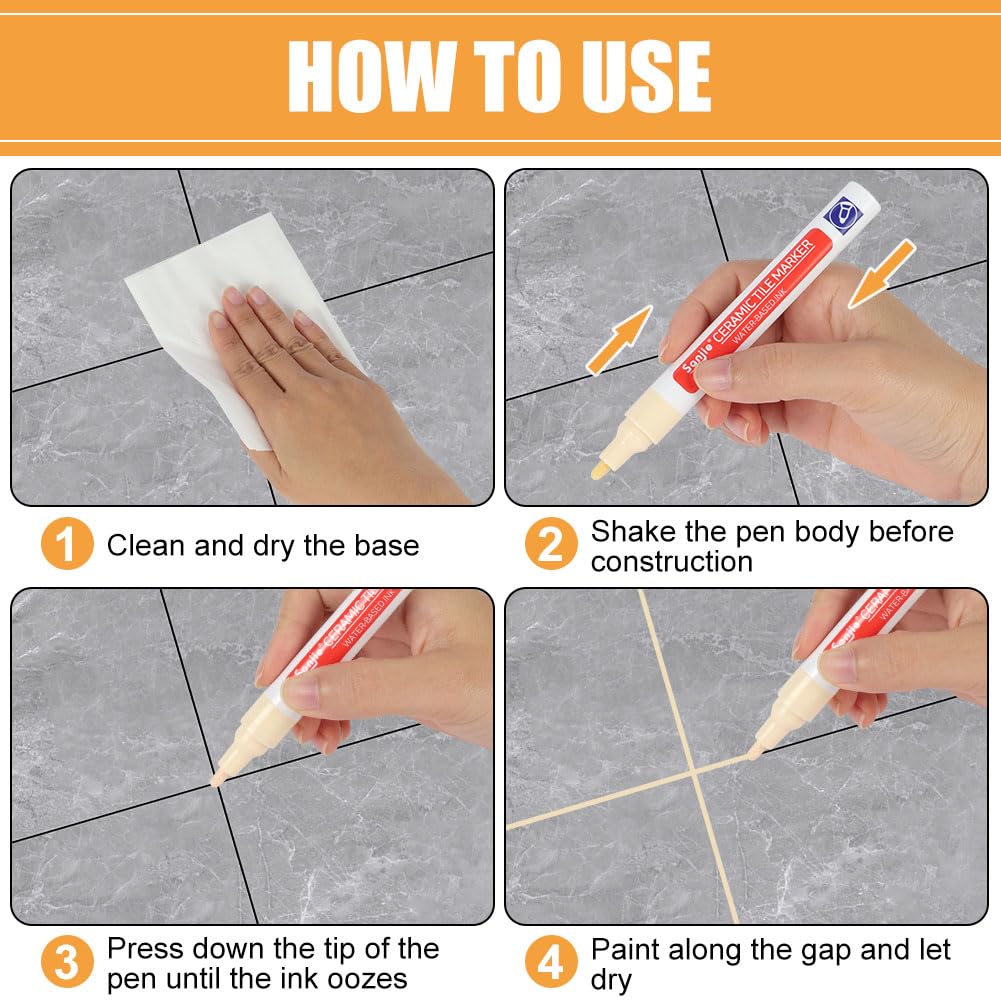 AOOSU Stylo Joint Carrelage Beige, 6Pcs Stylo de Carrelage à Coulis avec Pointe de Rechange, Imperméable Marqueur Joints, Rénovateur de Coulis pour Joints de Carrelages de Cuisine et Salle de Bain Sol - 5