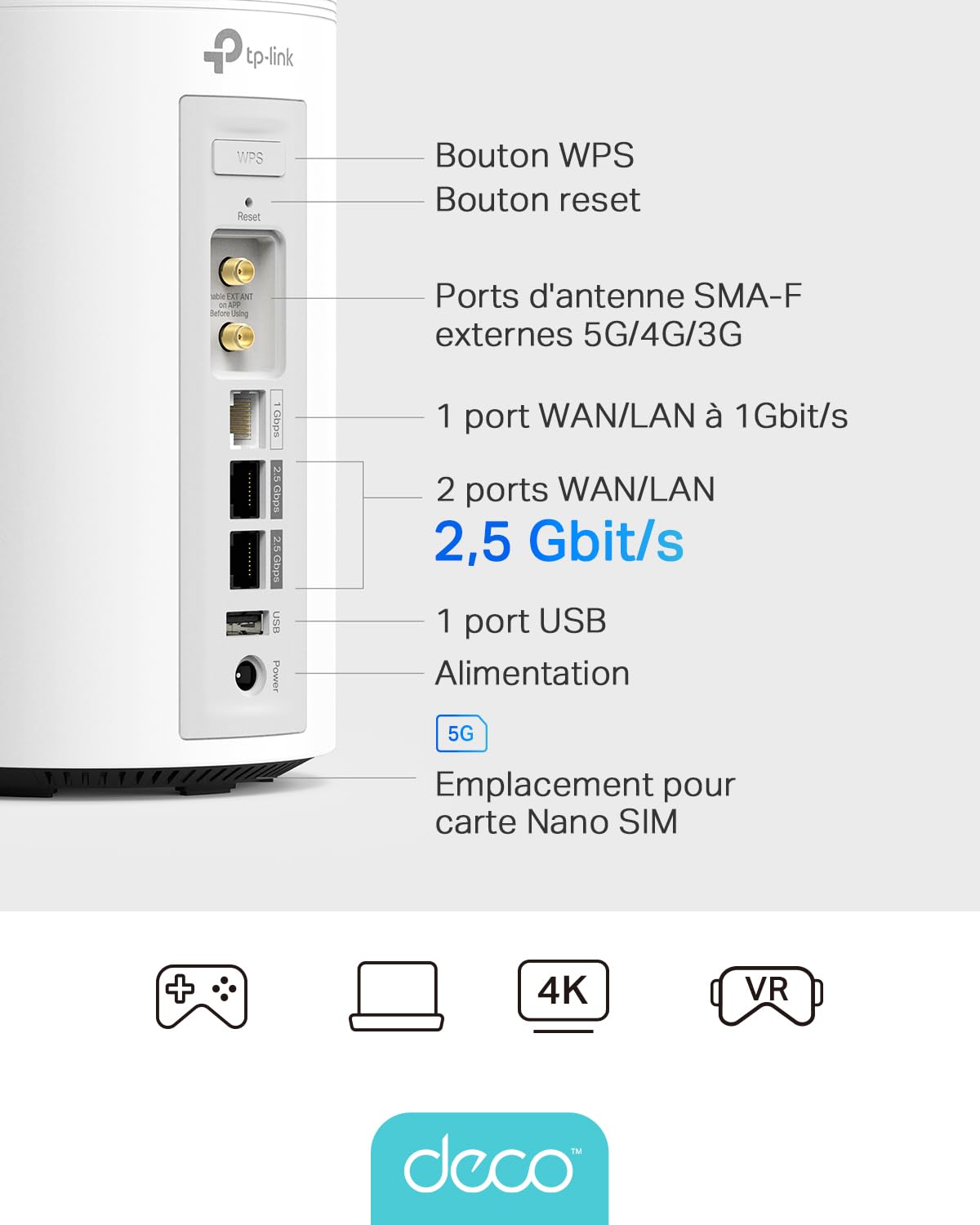 TP-Link Deco Routeur 5G Mesh WiFi 7 jusqu'à 3,6 Gbit/s, Deco BE25-5G | Nano SIM 5G, port 2,5G, réseau Deco Mesh, idéal sans box fibre, résidence secondaire ou télétravail